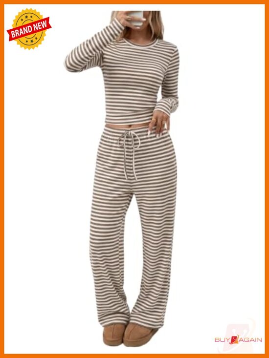 Other - Ribbed Striped Long Sleeve Crewneck Wide Leg Lounge Set with Pockets